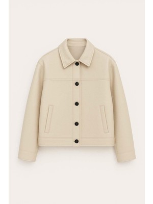 Denzel Düğmeli Yan Cepli Deri Görünümlü Erkek Ceket - Bej