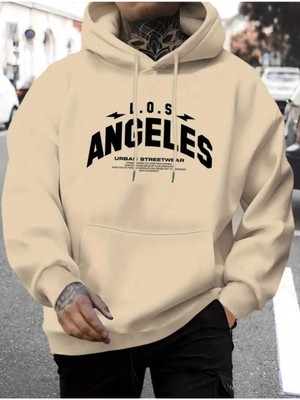 Los Angeles Shock Baskılı Kapüşonlu Cepli Pamuklu Bej Sweatshirt