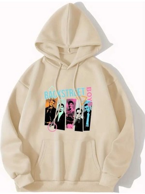 Backstreet Boys Baskılı Kapüşonlu Cepli Içi Yünlü Bej Sweatshirt