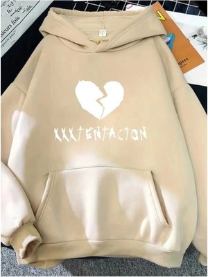 Xxx Tentacion Baskılı Kapüşonlu Cepli Içi Yünlü Bej Sweatshirt