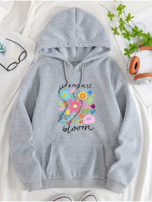 Let Kindness Baskılı Kapüşonlu Cepli Pamuklu Gri Sweatshirt