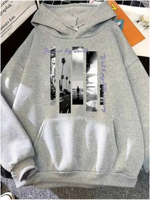 Big Wolt Baskılı Kapüşonlu Cepli Içi Yünlü Gri Sweatshirt