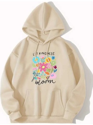 Let Kindness Baskılı Kapüşonlu Cepli Pamuklu Bej Sweatshirt