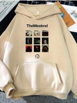 The Weekend Albümleri Baskılı Kapüşonlu Cepli Içi Yünlü Bej Sweatshirt
