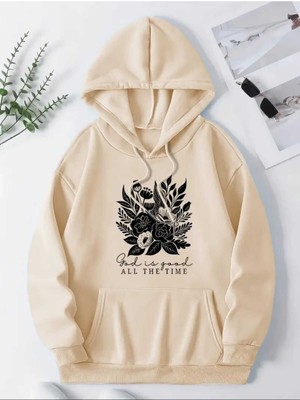 God All The Time Baskılı Kapüşonlu Cepli Pamuklu Bej Sweatshirt