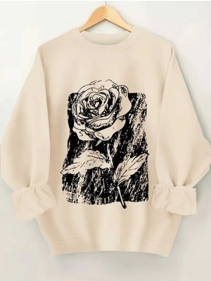 Kara Kalem Gül Baskılı Bisiklet Yaka Bej Sweatshirt