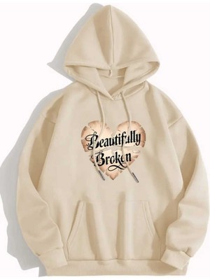 Beatifully Broken Baskılı Kapüşonlu Cepli Içi Yünlü Bej Sweatshirt