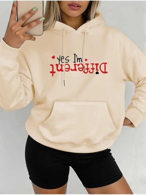 I'm Different Baskılı Kapüşonlu Cepli Pamuklu Bej Sweatshirt
