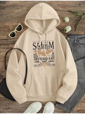 Salem Medicines Baskılı Kapüşonlu Cepli Içi Yünlü Bej Sweatshirt