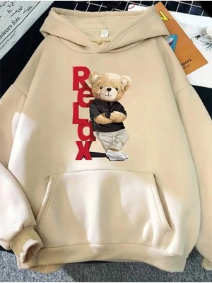 Bear Relax Baskılı Kapüşonlu Cepli Pamuklu Bej Sweatshirt