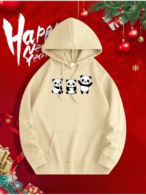 Sevimli Pandalar Ön ve Arkası Baskılı Kapüşonlu Cepli Içi Yünlü Bej Sweatshirt