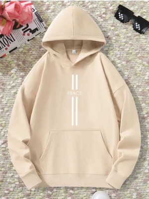 Iki Çizgi Peace Baskılı Kapüşonlu Cepli Içi Yünlü Bej Sweatshirt
