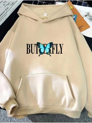 Parlak Kelebek Baskılı Kapüşonlu Cepli Pamuklu Bej Sweatshirt
