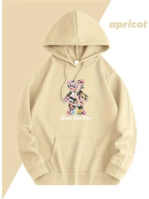 Dream And Love Baskılı Kapüşonlu Cepli Pamuklu Bej Sweatshirt