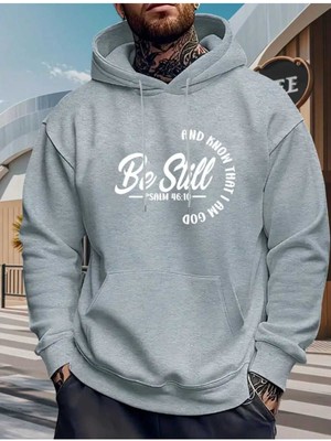 Be Still Psalm Baskılı Kapüşonlu Cepli Içi Yünlü Gri Sweatshirt