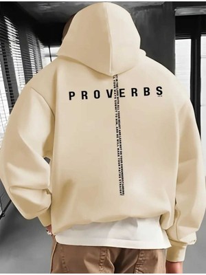 Proverbs Arkası Baskılı Kapüşonlu Cepli Pamuklu Bej Sweatshirt