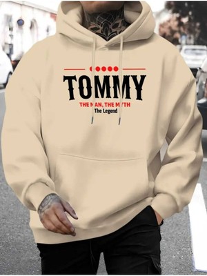 Tommy The Legend Baskılı Kapüşonlu Cepli Içi Yünlü Bej Sweatshirt