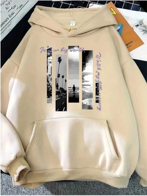 Big Wolt Baskılı Kapüşonlu Cepli Içi Yünlü Bej Sweatshirt