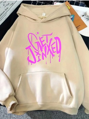 Get Jinxed Grafiti Baskılı Kapüşonlu Cepli Içi Yünlü Bej Sweatshirt