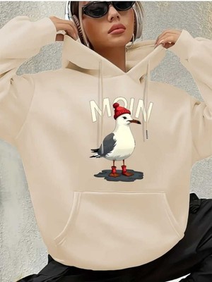Moin Baskılı Kapüşonlu Cepli Içi Yünlü Bej Sweatshirt