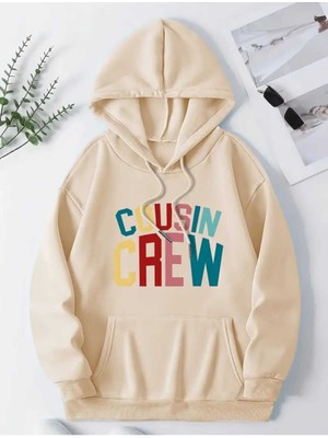 Cousin Crew Baskılı Kapüşonlu Cepli Pamuklu Bej Sweatshirt