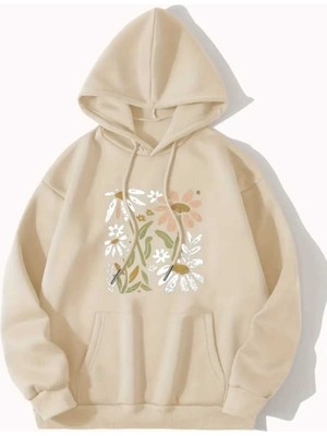 Papatya Hoodie Baskılı Kapüşonlu Cepli Içi Yünlü Bej Sweatshirt