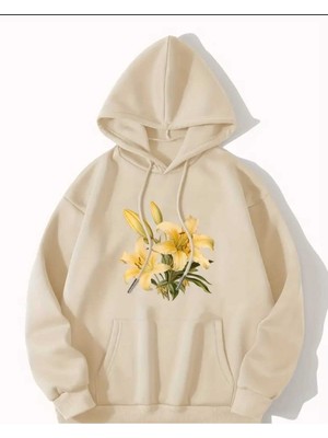 Sarı Zambak Baskılı Kapüşonlu Cepli Pamuklu Bej Sweatshirt