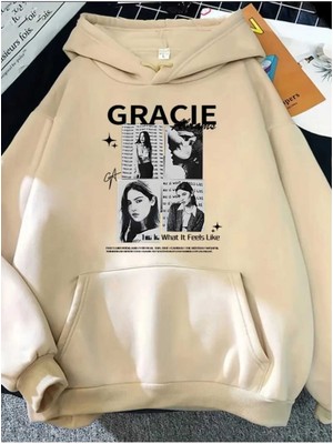 Gracie Abrams Baskılı Kapüşonlu Cepli Pamuklu Bej Sweatshirt