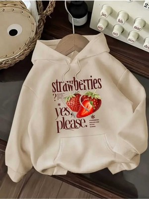 Strawberries Baskılı Kapüşonlu Cepli Pamuklu Bej Sweatshirt