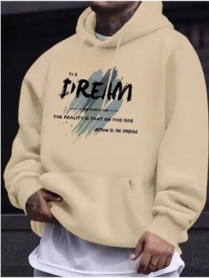 The Dream Bridge Baskılı Kapüşonlu Cepli Içi Yünlü Bej Sweatshirt