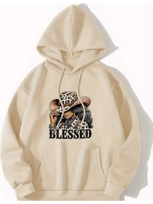Blessed Cowboy Girl Baskılı Kapüşonlu Cepli Içi Yünlü Bej Sweatshirt