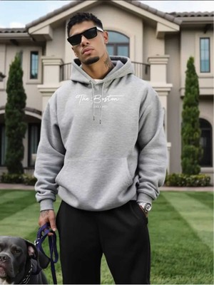 The Boston Est Baskılı Kapüşonlu Cepli Içi Yünlü Gri Sweatshirt