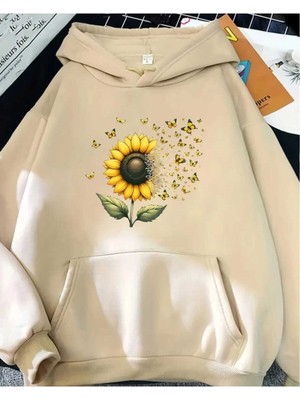 Ayçiçeği Baskılı Kapüşonlu Cepli Içi Yünlü Bej Sweatshirt