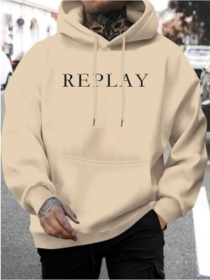 Replay Baskılı Kapüşonlu Cepli Pamuklu Bej Sweatshirt