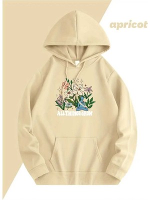 All Things Grow Baskılı Kapüşonlu Cepli Içi Yünlü Bej Sweatshirt