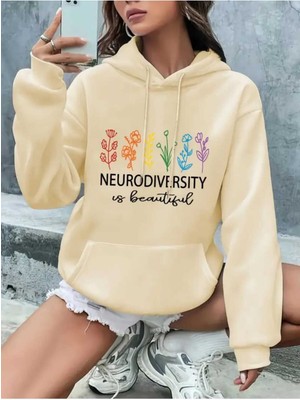 Neurodiversity Baskılı Kapüşonlu Cepli Pamuklu Bej Sweatshirt