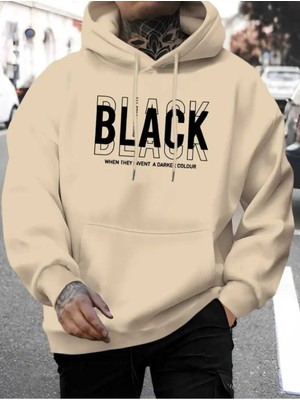 Darker Black Baskılı Kapüşonlu Cepli Içi Yünlü Bej Sweatshirt