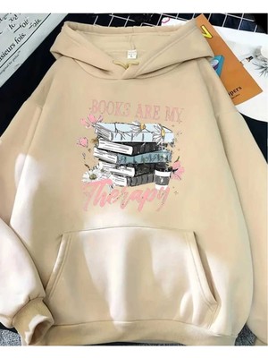 Kitap Terapisi Baskılı Kapüşonlu Cepli Içi Yünlü Bej Sweatshirt