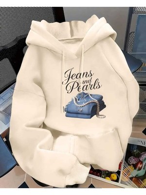 Jeans And Pearls Baskılı Kapüşonlu Cepli Içi Yünlü Bej Sweatshirt