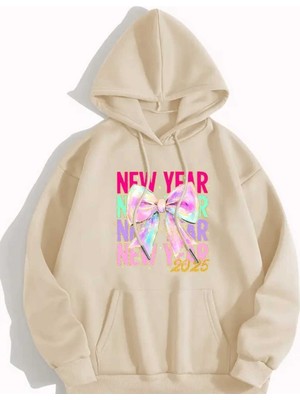 New Year 2025 Baskılı Kapüşonlu Cepli Pamuklu Bej Sweatshirt