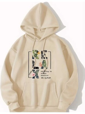 Order Control Baskılı Kapüşonlu Cepli Pamuklu Bej Sweatshirt