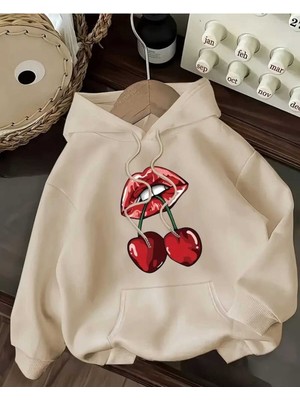 Cherry Lips Baskılı Kapüşonlu Cepli Içi Yünlü Bej Sweatshirt