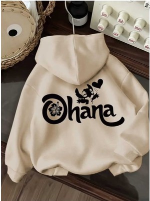 Ohana Arka Baskılı Kapüşonlu Cepli Içi Yünlü Bej Sweatshirt