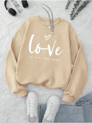 Love Is All Baskılı Bisiklet Yaka Bej Sweatshirt