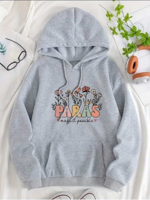 Paras Flower Baskılı Kapüşonlu Cepli Pamuklu Gri Sweatshirt