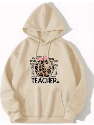 Teacher Baskılı Kaoüşonlu Cepli Pamuklu Bej Sweatshirt