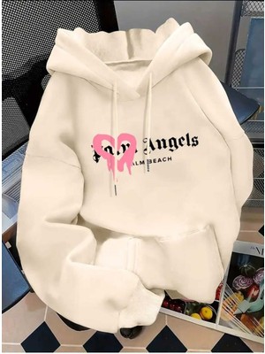 Palm Angels Beach Baskılı Kapüşonlu Cepli Içi Yünlü Bej Sweatshirt