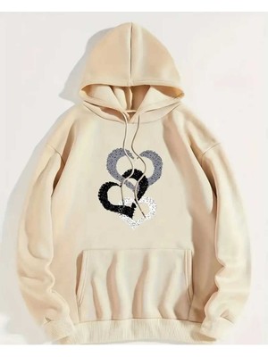 Üç Kalp Baskılı Kapüşonlu Cepli Içi Yünlü Bej Sweatshirt