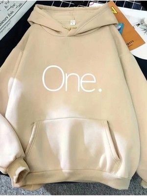 One Baskılı Kapüşonlu Cepli Içi Yünlü Bej Sweatshirt