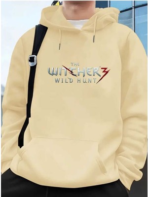 The Witcher Baskılı Kapüşonlu Cepli Içi Yünlü Bej Sweatshirt